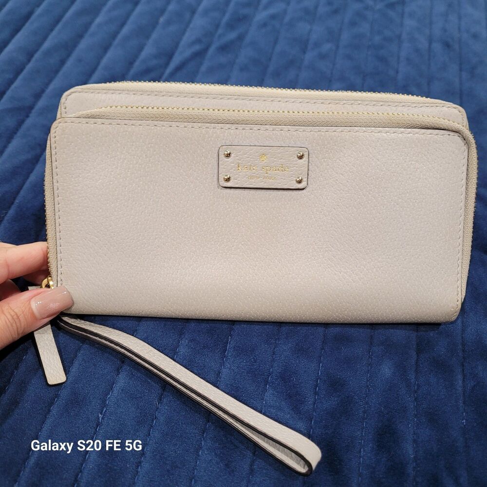 KATE SPADE Double Zip Wristlet Wallet Ligjt Grey Leather Bag bin